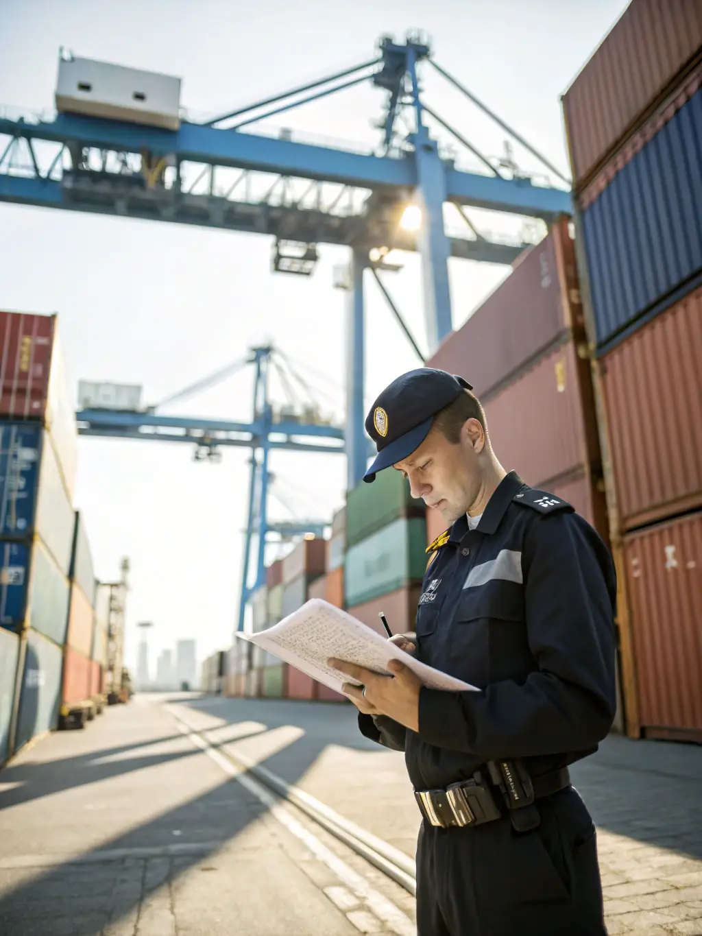 A professional image depicting customs officials inspecting vehicle documentation, highlighting Bushido Group's meticulous attention to detail in customs clearance.
