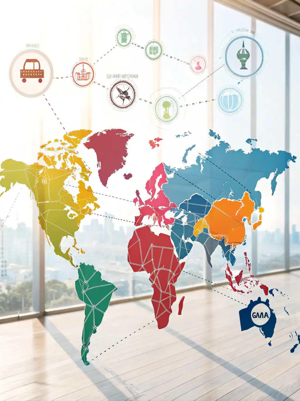 A digital illustration showing a world map with highlighted regions representing Bushido Group's import/export destinations, emphasizing the global reach of the company.